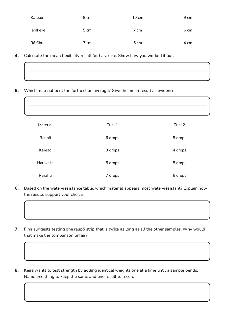 Material Properties Fair Test, page 2 of 3: Kareao 8 cm 10 cm 9 cm