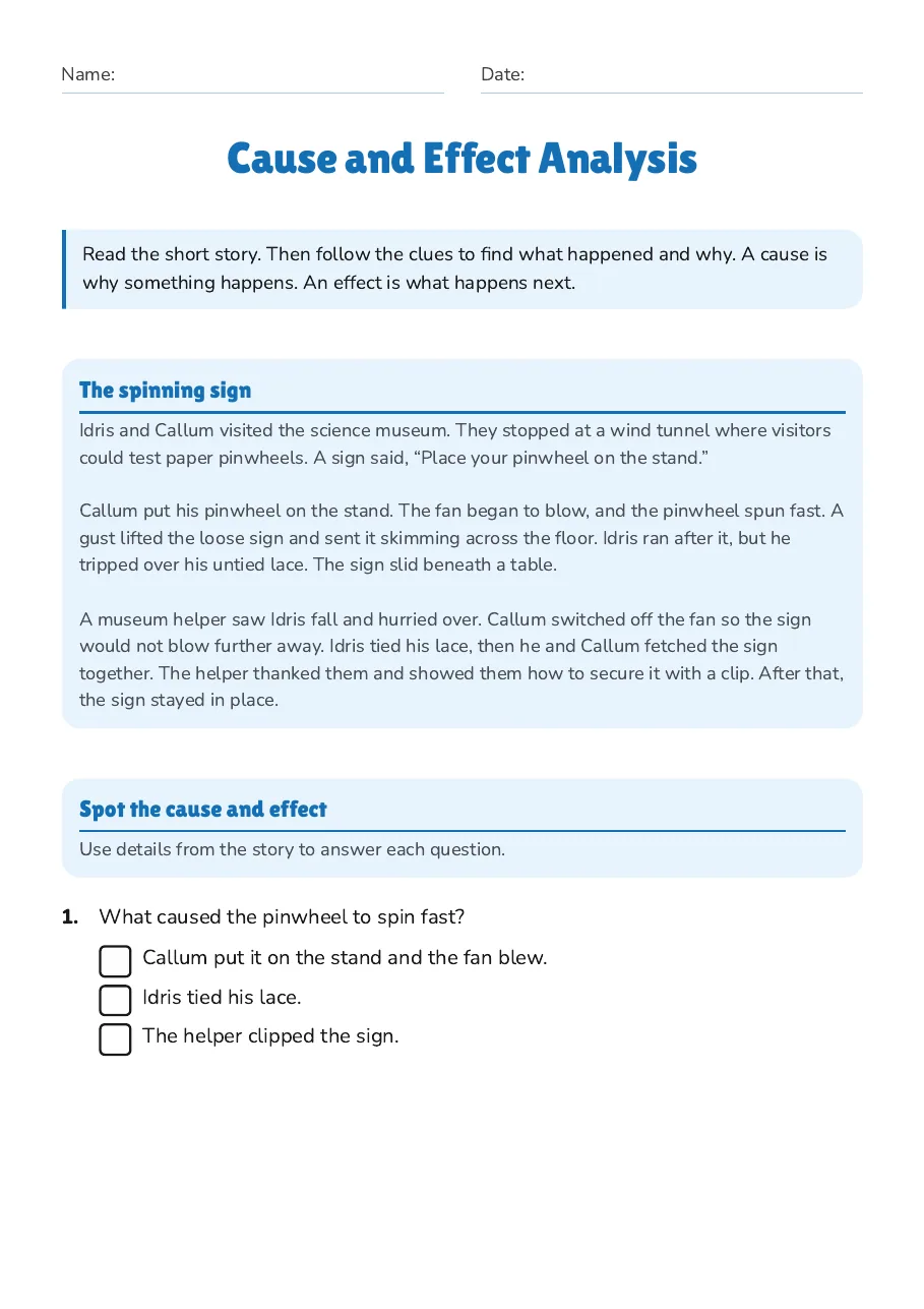 Cause and Effect Analysis, page 1 of 3: The spinning sign, Spot the cause and effect