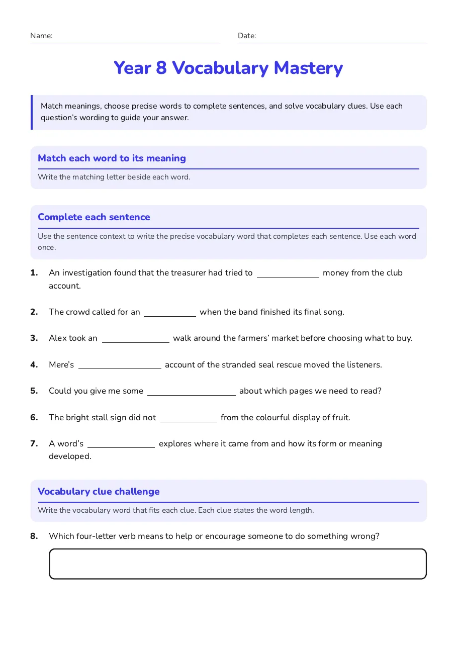 Year 8 Vocabulary Mastery, page 1 of 3: Match each word to its meaning, Complete each sentence, Vocabulary clue challenge