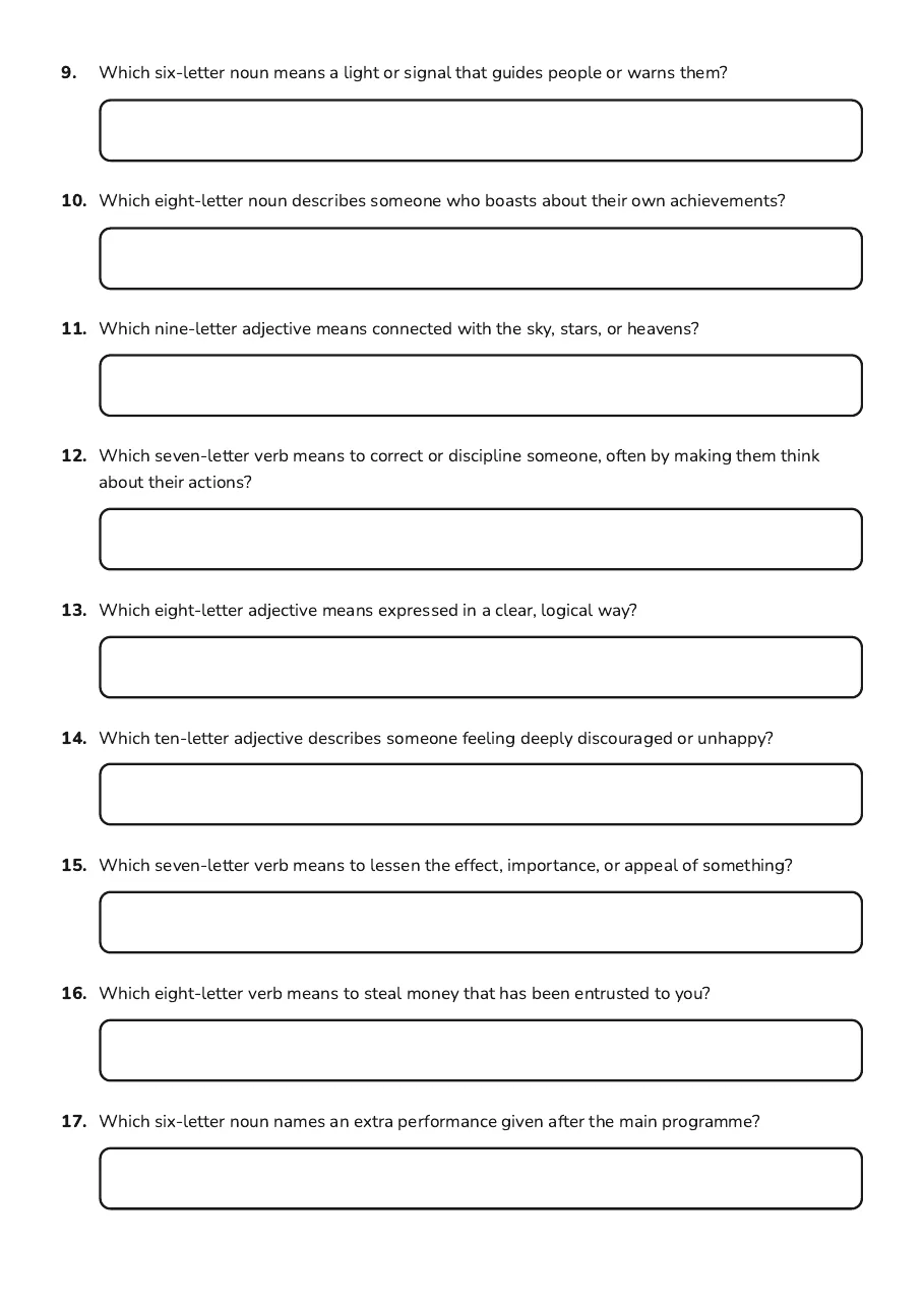 Year 8 Vocabulary Mastery, page 2 of 3: 9. Which six-letter noun means a light or signal that guides people or warns them?