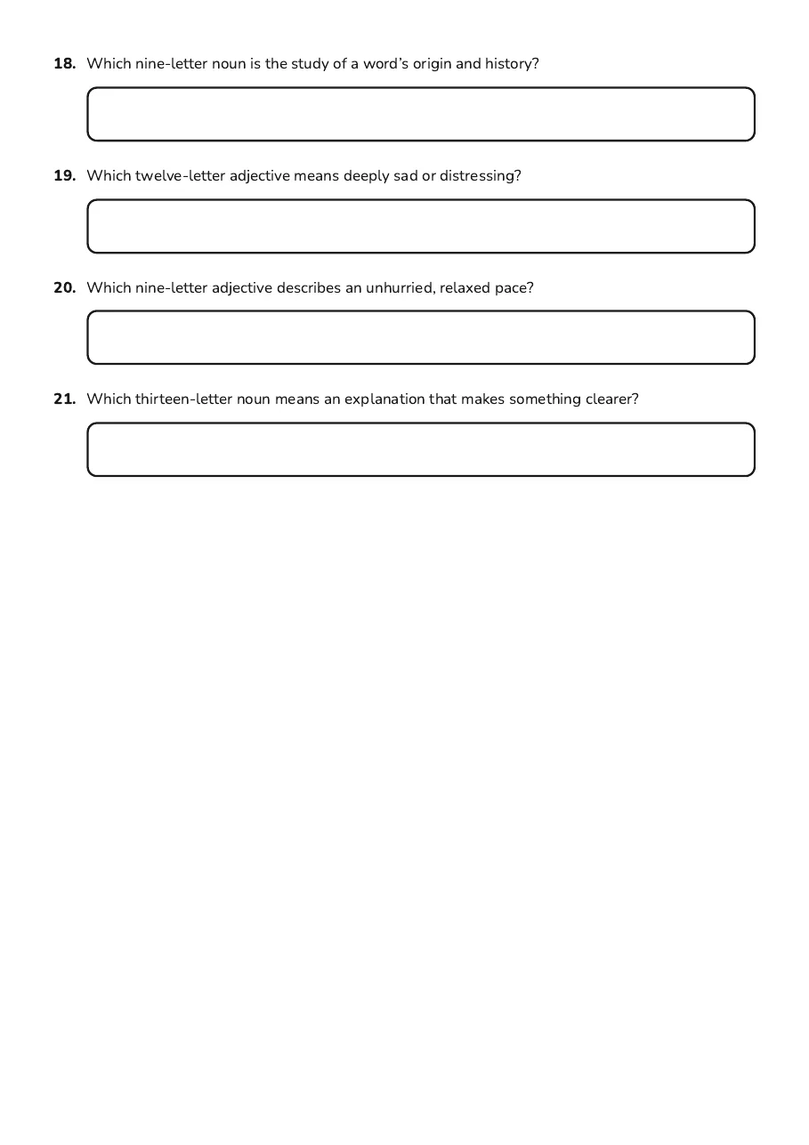 Year 8 Vocabulary Mastery, page 3 of 3: 18. Which nine-letter noun is the study of a word’s origin and history?
