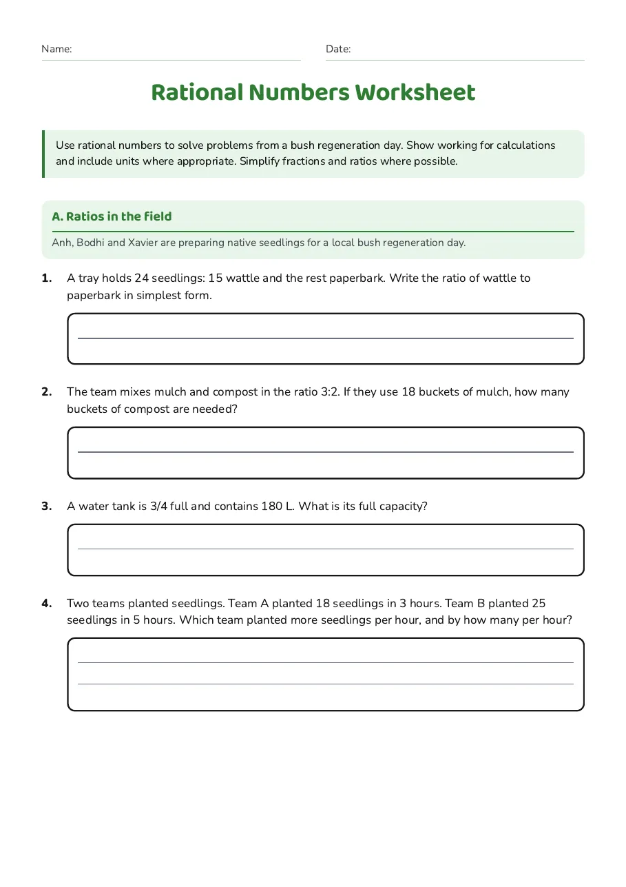 Rational Numbers Worksheet, page 1 of 3: A. Ratios in the field