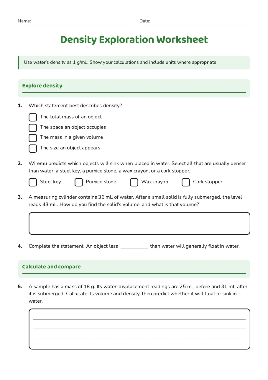 Density Exploration Worksheet, page 1 of 3: Explore density, Calculate and compare