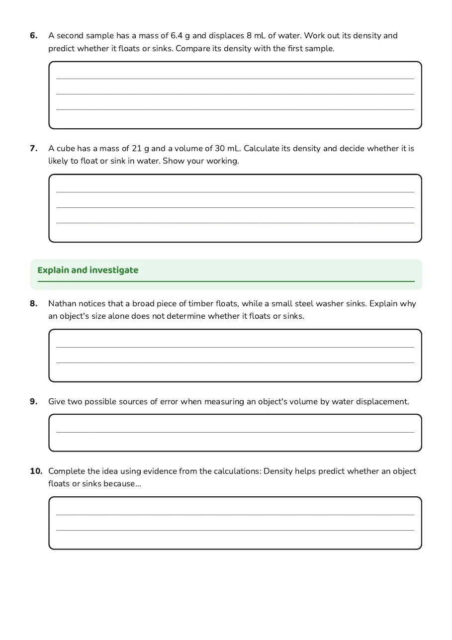 Density Exploration Worksheet, page 2 of 3: Explain and investigate