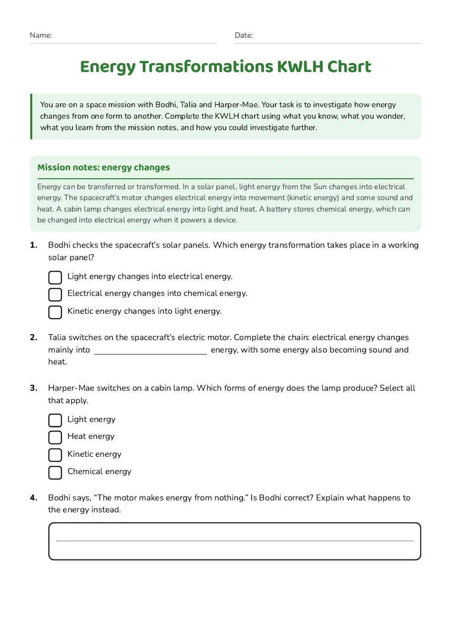 Energy Transformations KWLH Chart, page 1 of 2: Mission notes: energy changes
