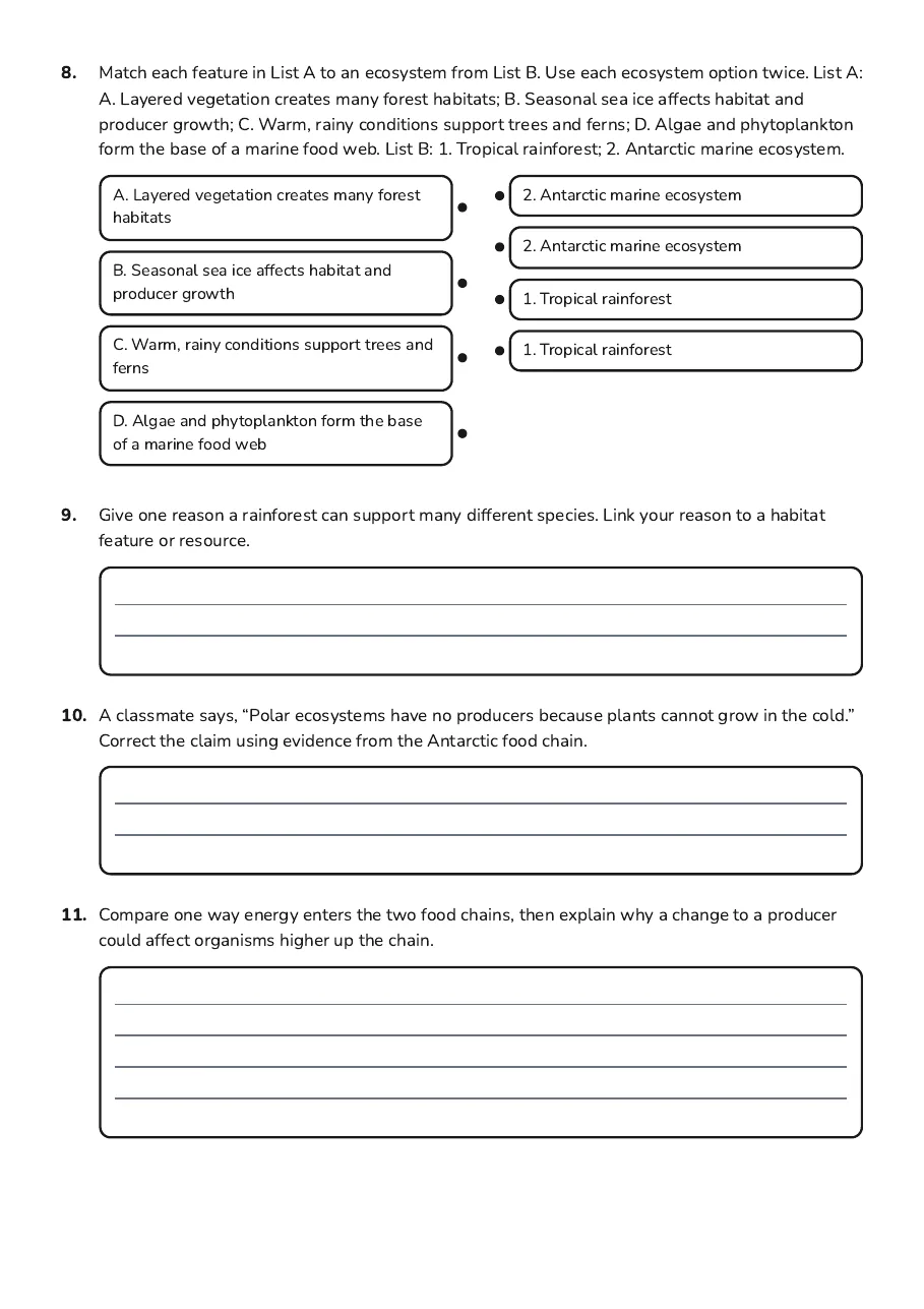 Polar vs Tropical Ecosystems, page 3 of 3: 8. Match each feature in List A to an ecosystem from List B. Use each ecosystem option…