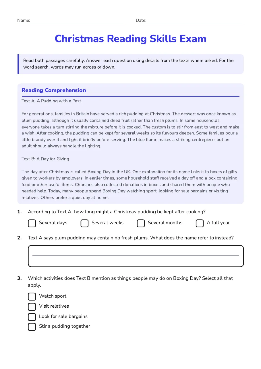 Christmas Reading Skills Exam, page 1 of 3: Reading Comprehension