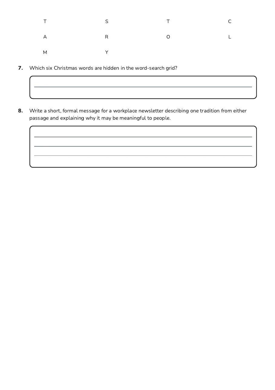 Christmas Reading Skills Exam, page 3 of 3: T S T C