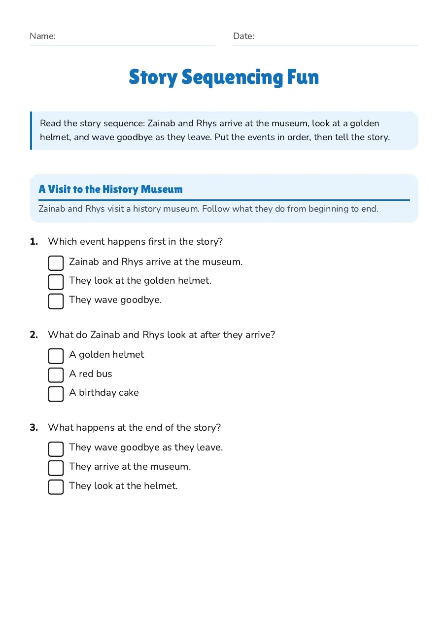 Story Sequencing Fun, page 1 of 3: A Visit to the History Museum