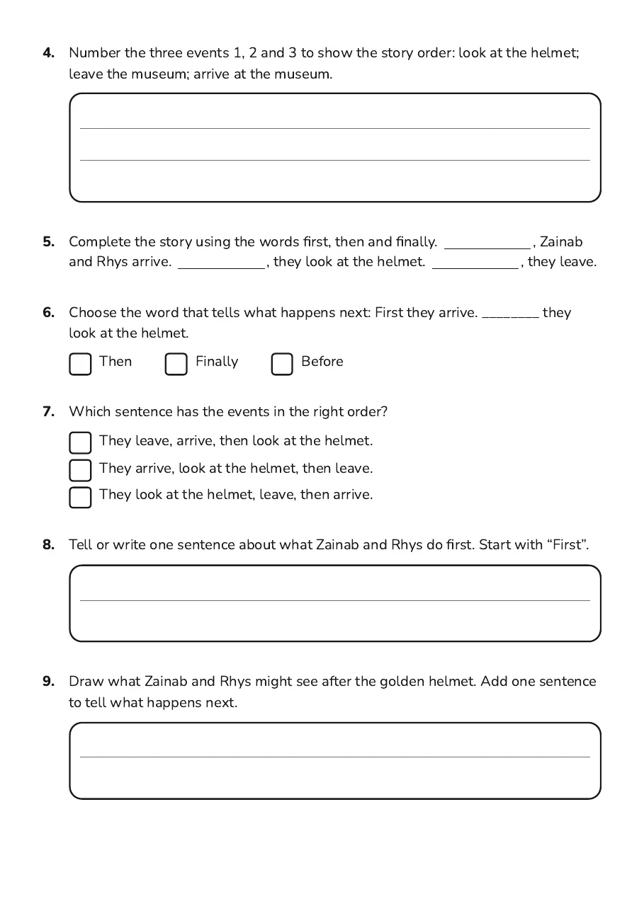 Story Sequencing Fun, page 2 of 3: 4. Number the three events 1, 2 and 3 to show the story order: look at the helmet;
