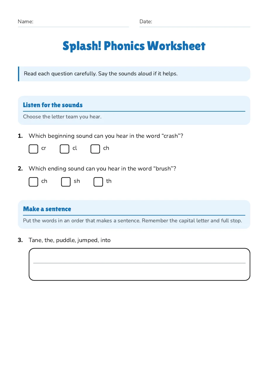 Splash! Phonics Worksheet, page 1 of 2: Listen for the sounds, Make a sentence
