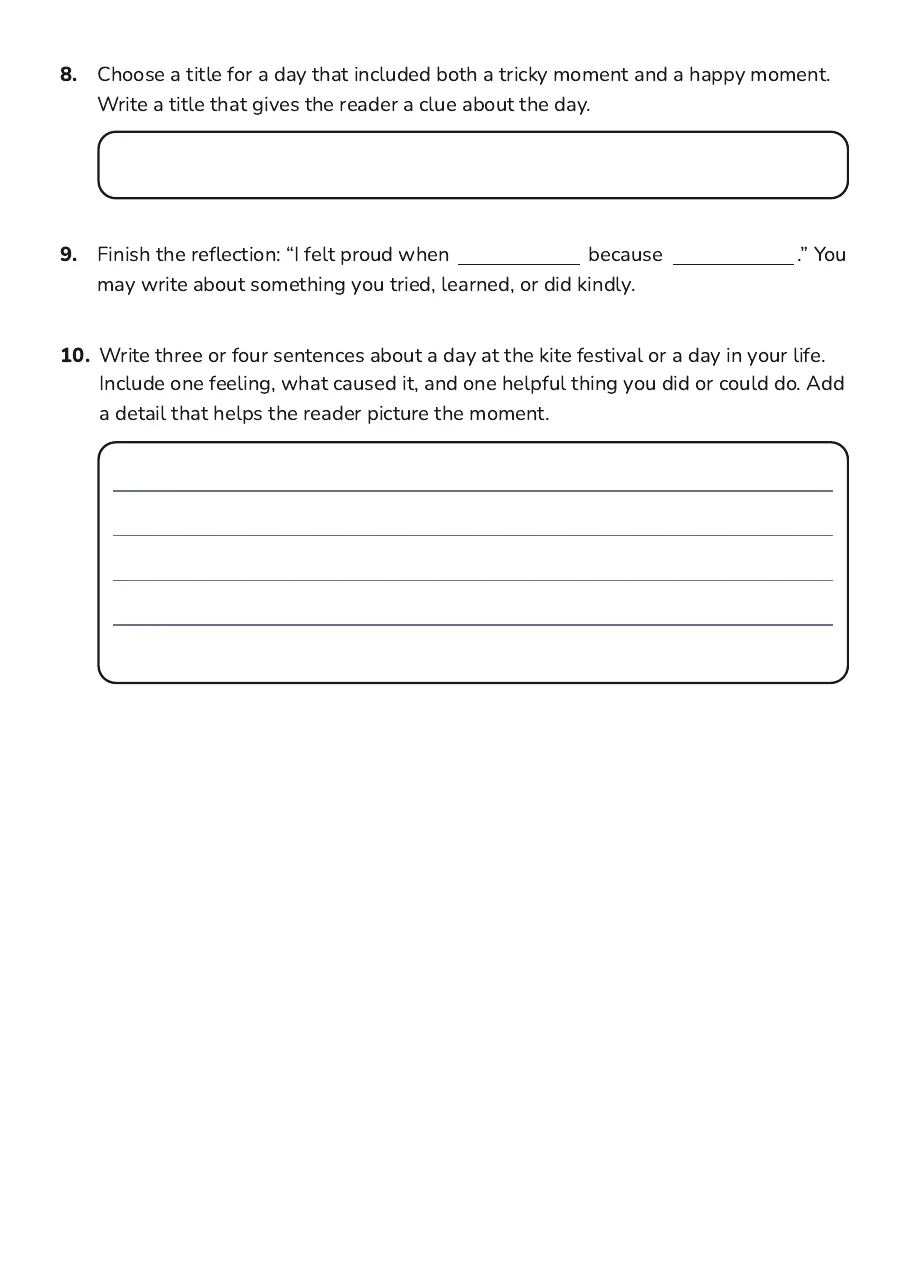 Feelings and Daily Reflection, page 3 of 3: 8. Choose a title for a day that included both a tricky moment and a happy moment.