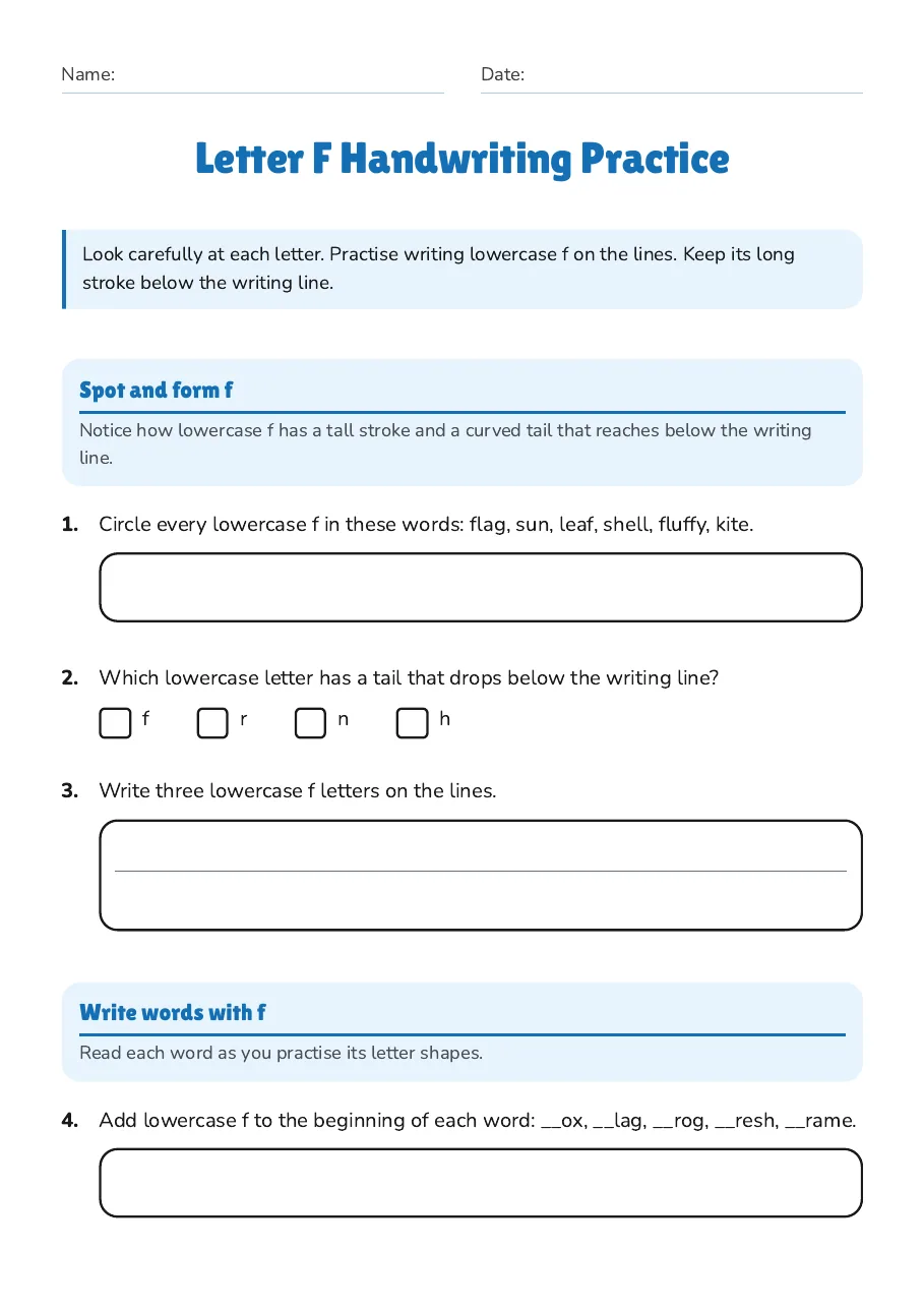 Letter F Handwriting Practice, page 1 of 3: Spot and form f, Write words with f