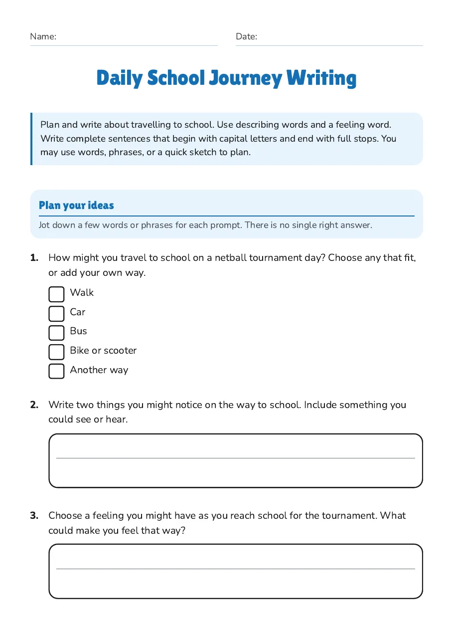 Daily School Journey Writing, page 1 of 3: Plan your ideas