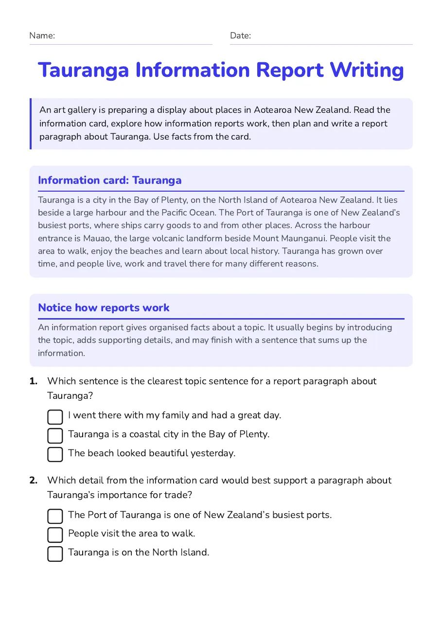 Tauranga Information Report Writing, page 1 of 3: Information card: Tauranga, Notice how reports work