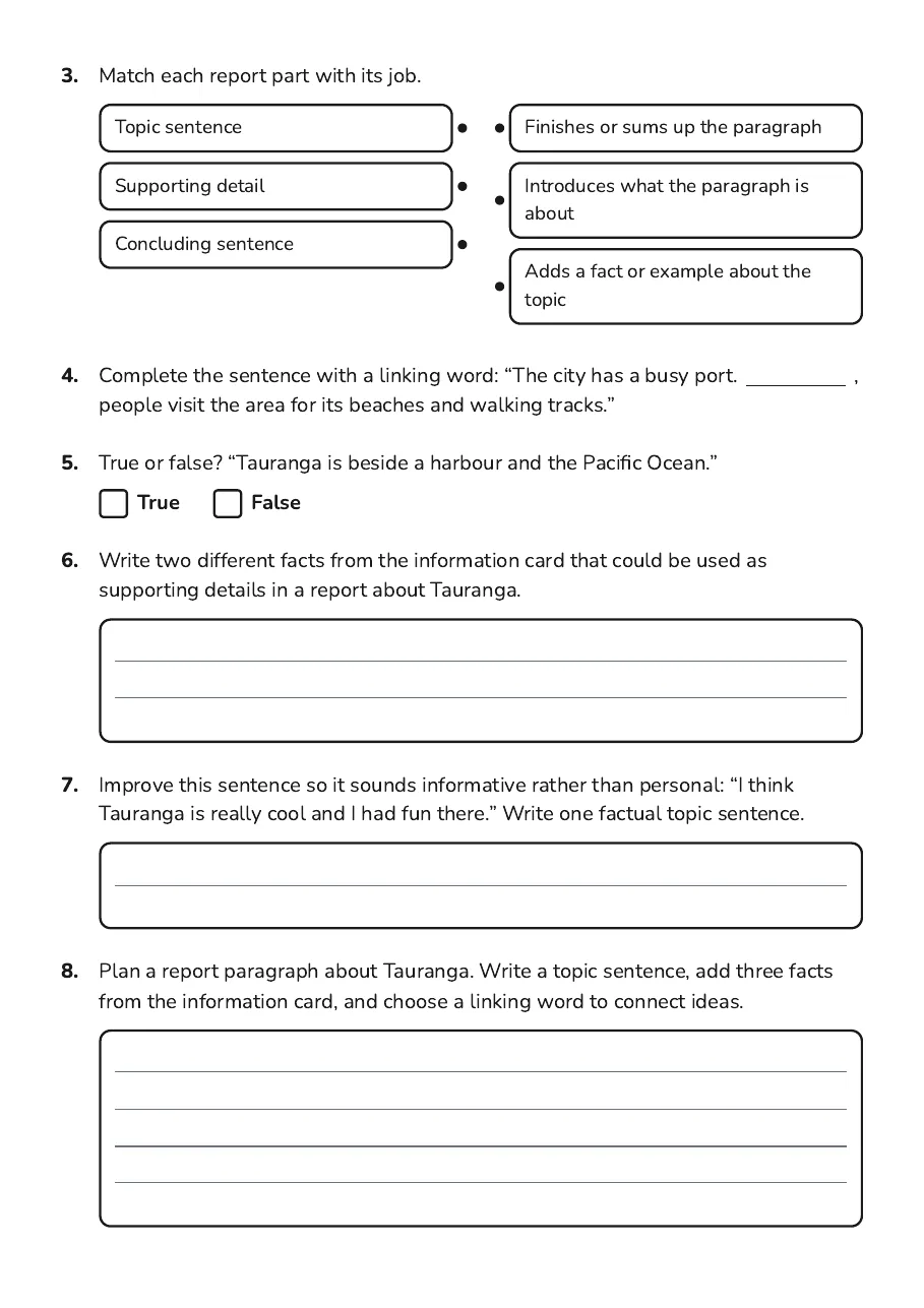 Tauranga Information Report Writing, page 2 of 3: 3. Match each report part with its job.