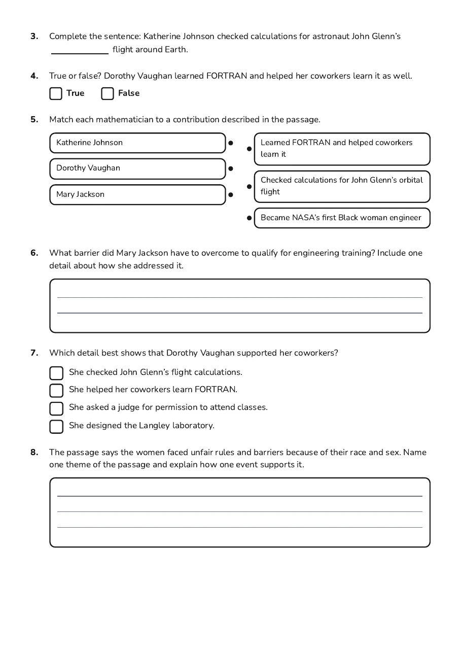 Hidden Figures Fill-in Worksheet, page 2 of 3: 3. Complete the sentence: Katherine Johnson checked calculations for astronaut John…