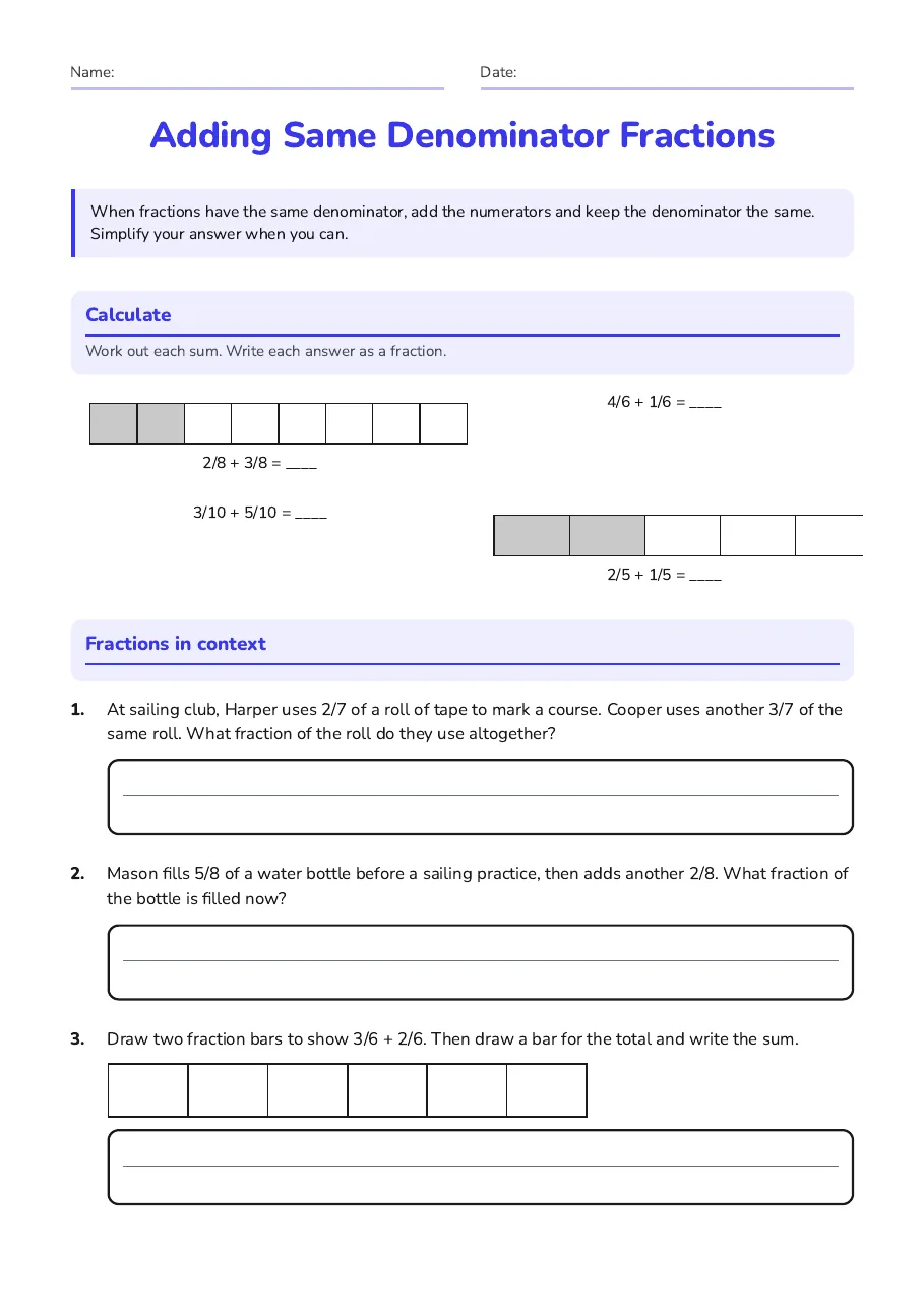 Adding Same Denominator Fractions, page 1 of 2: Calculate, Fractions in context