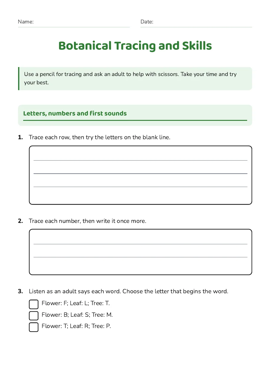 Botanical Tracing and Skills, page 1 of 3: Letters, numbers and first sounds