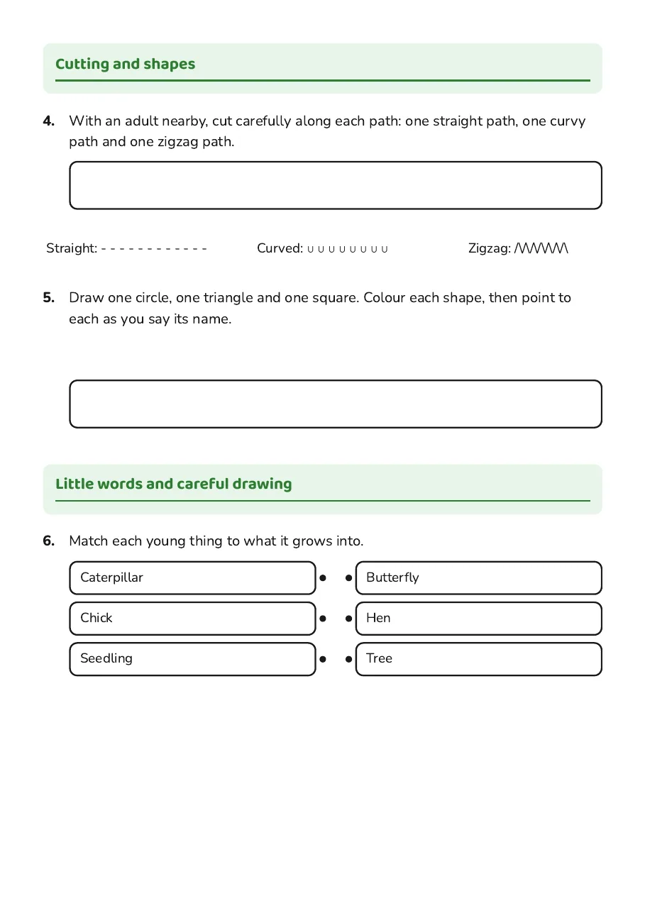 Botanical Tracing and Skills, page 2 of 3: Cutting and shapes, Little words and careful drawing
