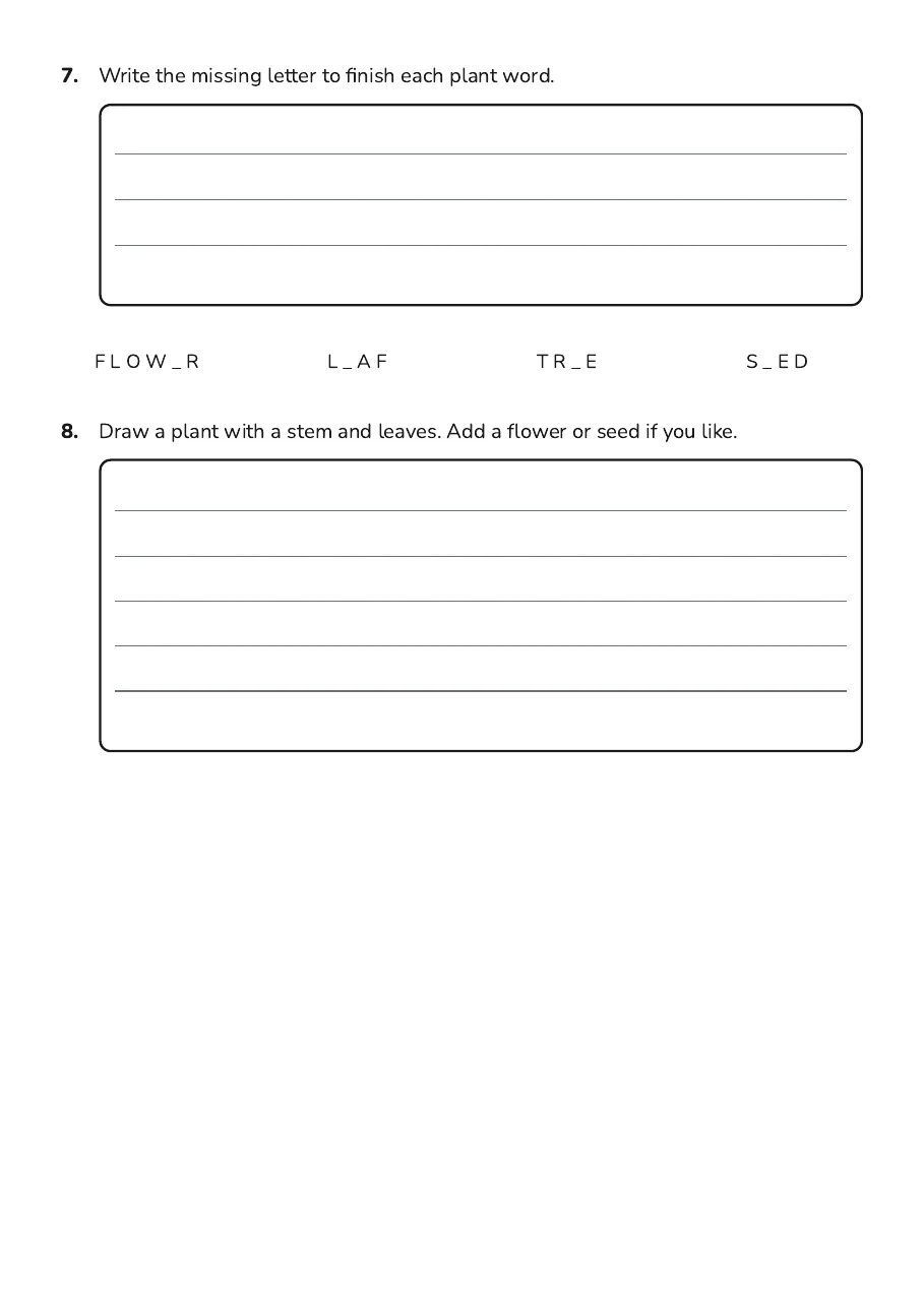 Botanical Tracing and Skills, page 3 of 3: 7. Write the missing letter to finish each plant word.