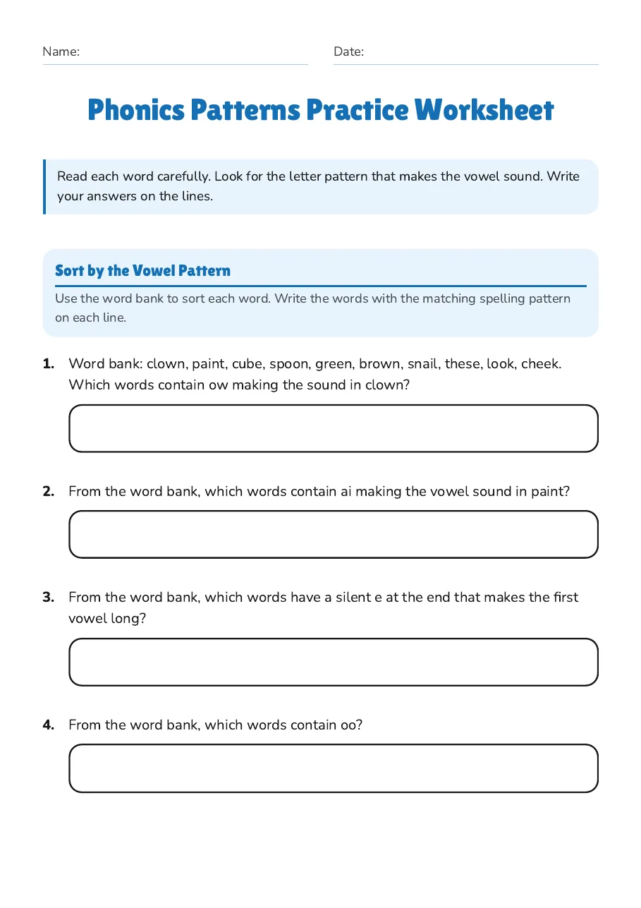 Phonics Patterns Practice Worksheet, page 1 of 2: Sort by the Vowel Pattern