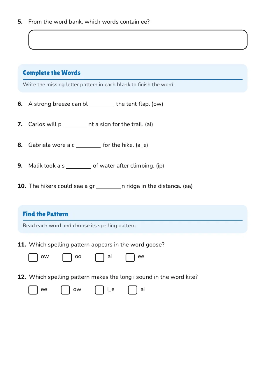 Phonics Patterns Practice Worksheet, page 2 of 2: Complete the Words, Find the Pattern