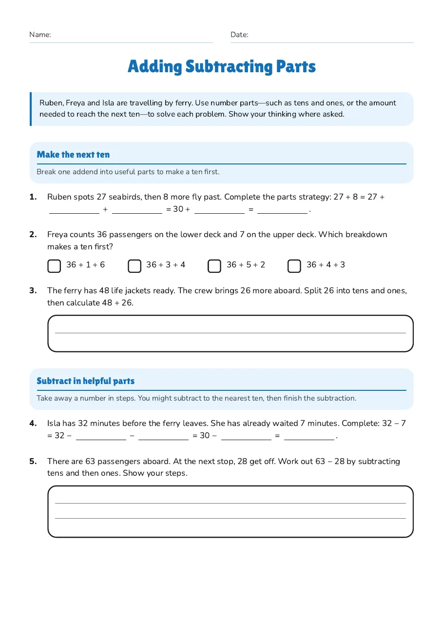 Adding Subtracting Parts, page 1 of 2: Make the next ten, Subtract in helpful parts