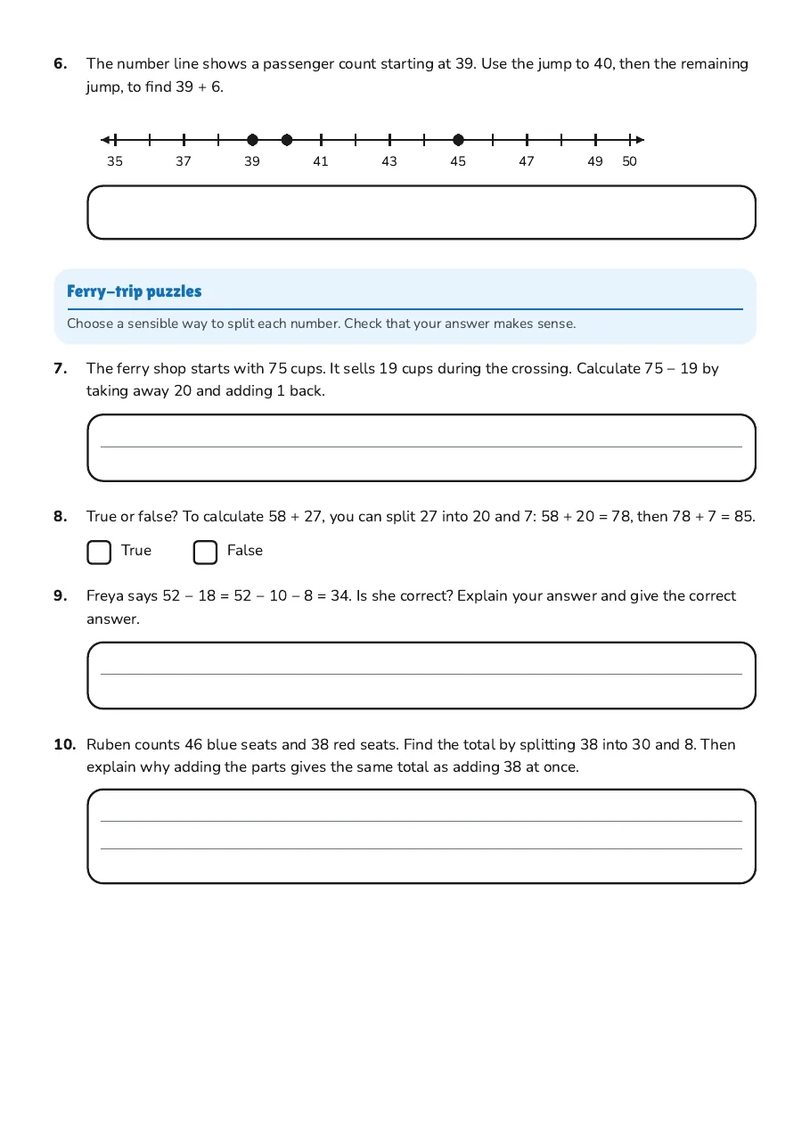 Adding Subtracting Parts, page 2 of 2: Ferry-trip puzzles
