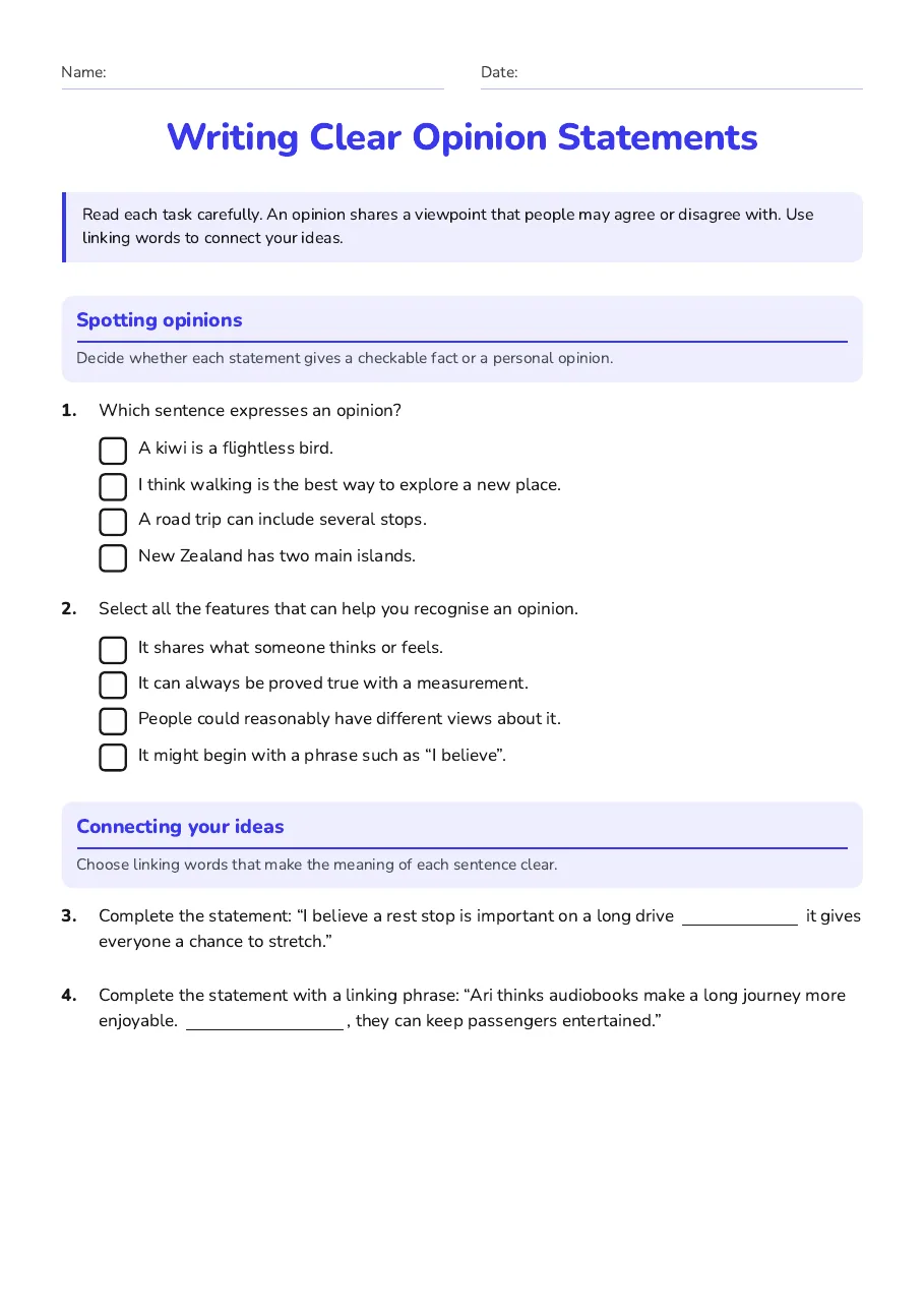 Writing Clear Opinion Statements, page 1 of 3: Spotting opinions, Connecting your ideas