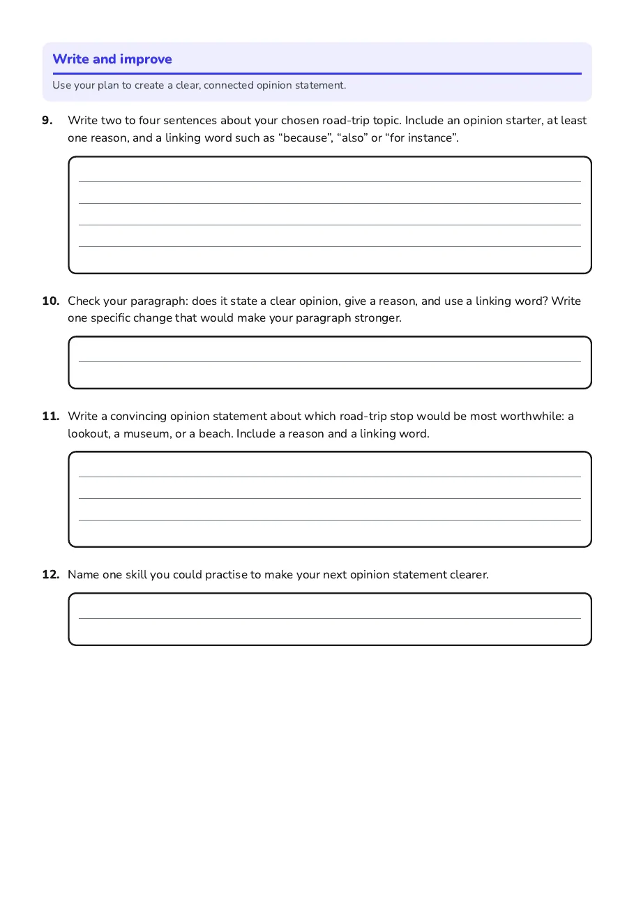 Writing Clear Opinion Statements, page 3 of 3: Write and improve