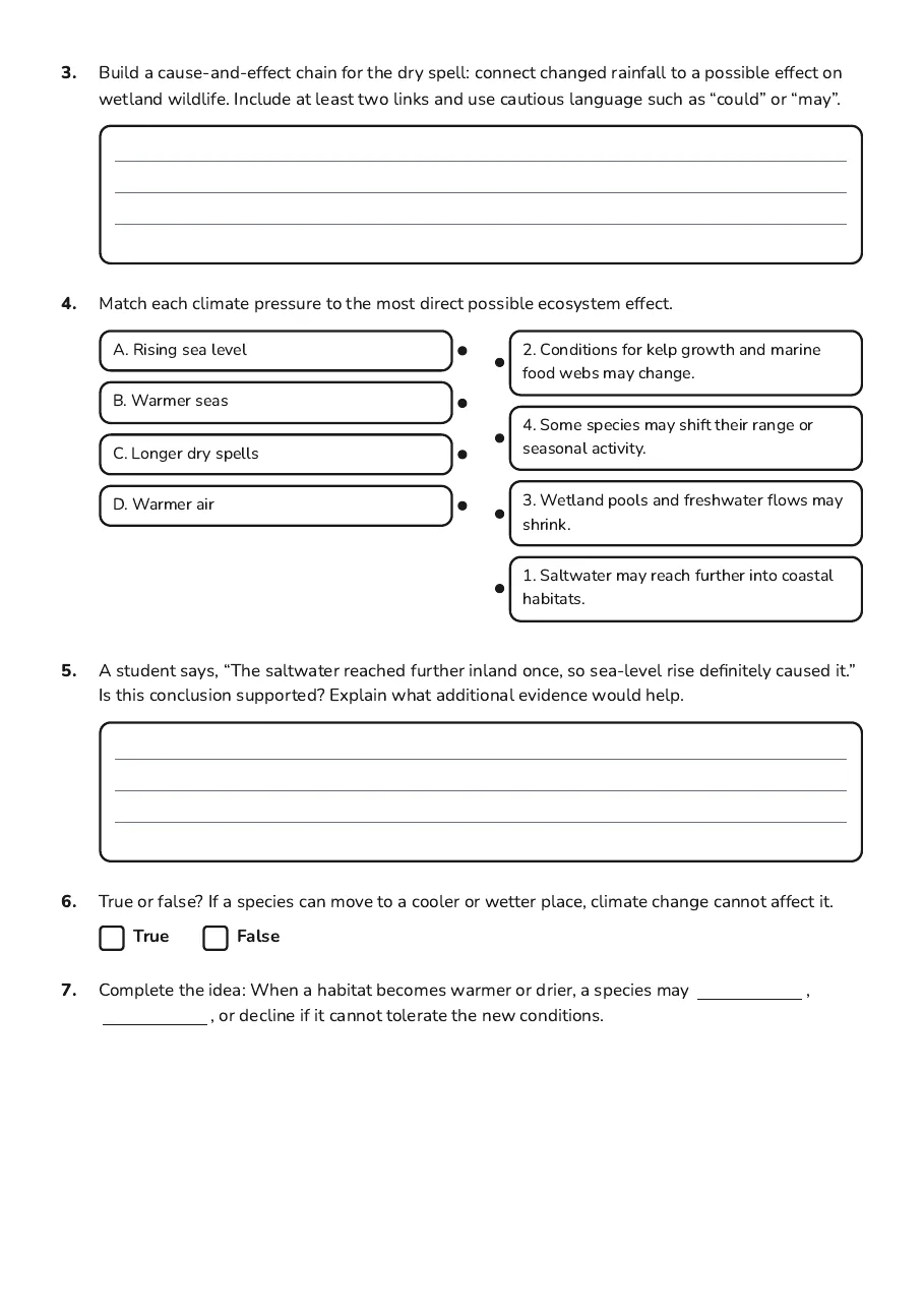 NZ Ecosystems Climate Impact, page 2 of 3: 3. Build a cause-and-effect chain for the dry spell: connect changed rainfall to a…