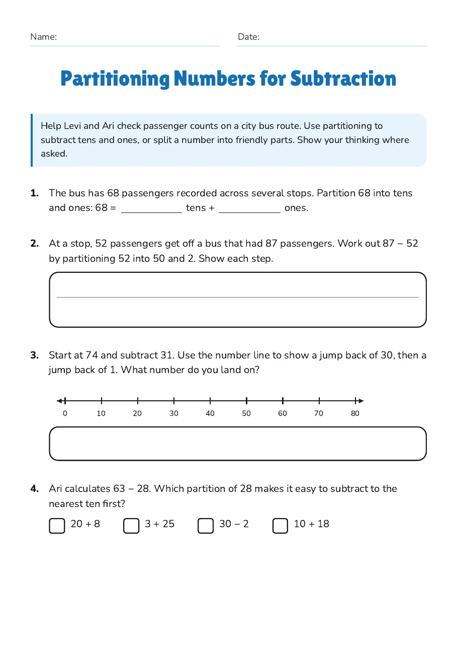 Partitioning Numbers for Subtraction, page 1 of 3: Help Levi and Ari check passenger counts on a city bus route. Use partitioning to
