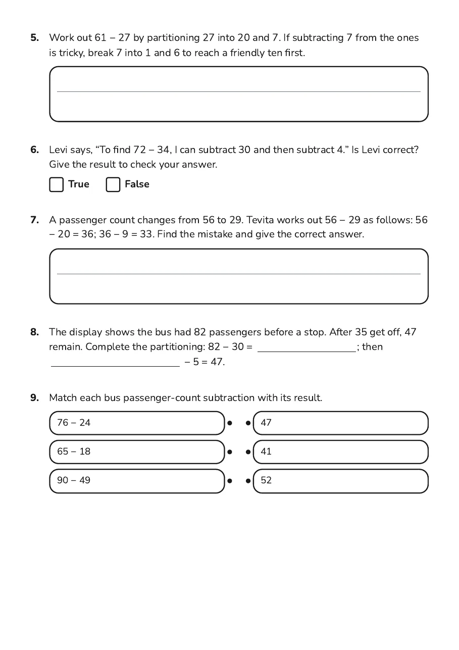 Partitioning Numbers for Subtraction, page 2 of 3: 5. Work out 61 − 27 by partitioning 27 into 20 and 7. If subtracting 7 from the ones