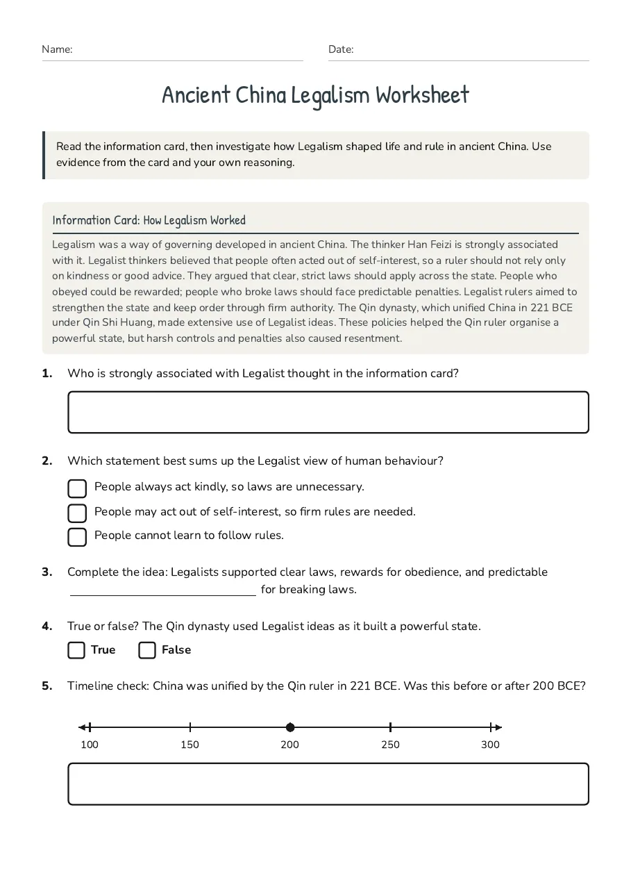 Ancient China Legalism Worksheet, page 1 of 2: Information Card: How Legalism Worked