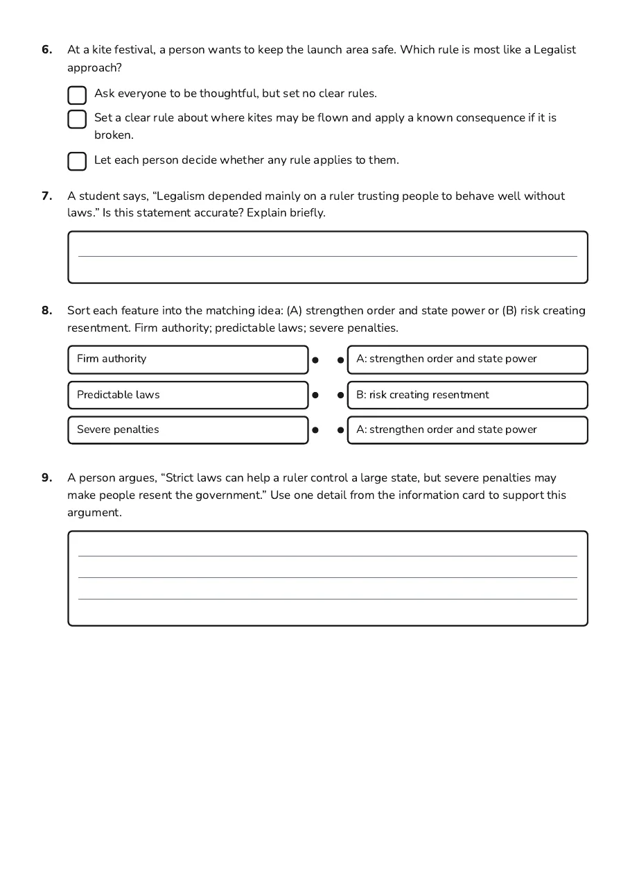 Ancient China Legalism Worksheet, page 2 of 2: 6. At a kite festival, a person wants to keep the launch area safe. Which rule is most…