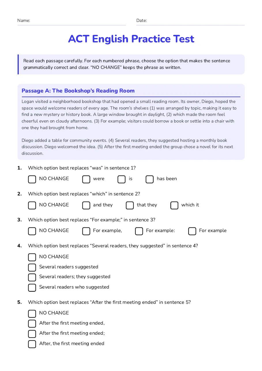ACT English Practice Test, page 1 of 3: Passage A: The Bookshop’s Reading Room