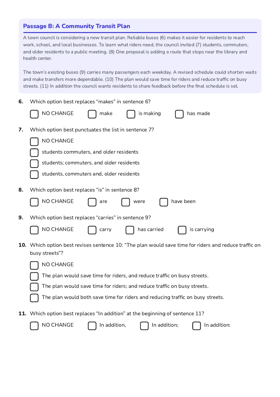 ACT English Practice Test, page 2 of 3: Passage B: A Community Transit Plan