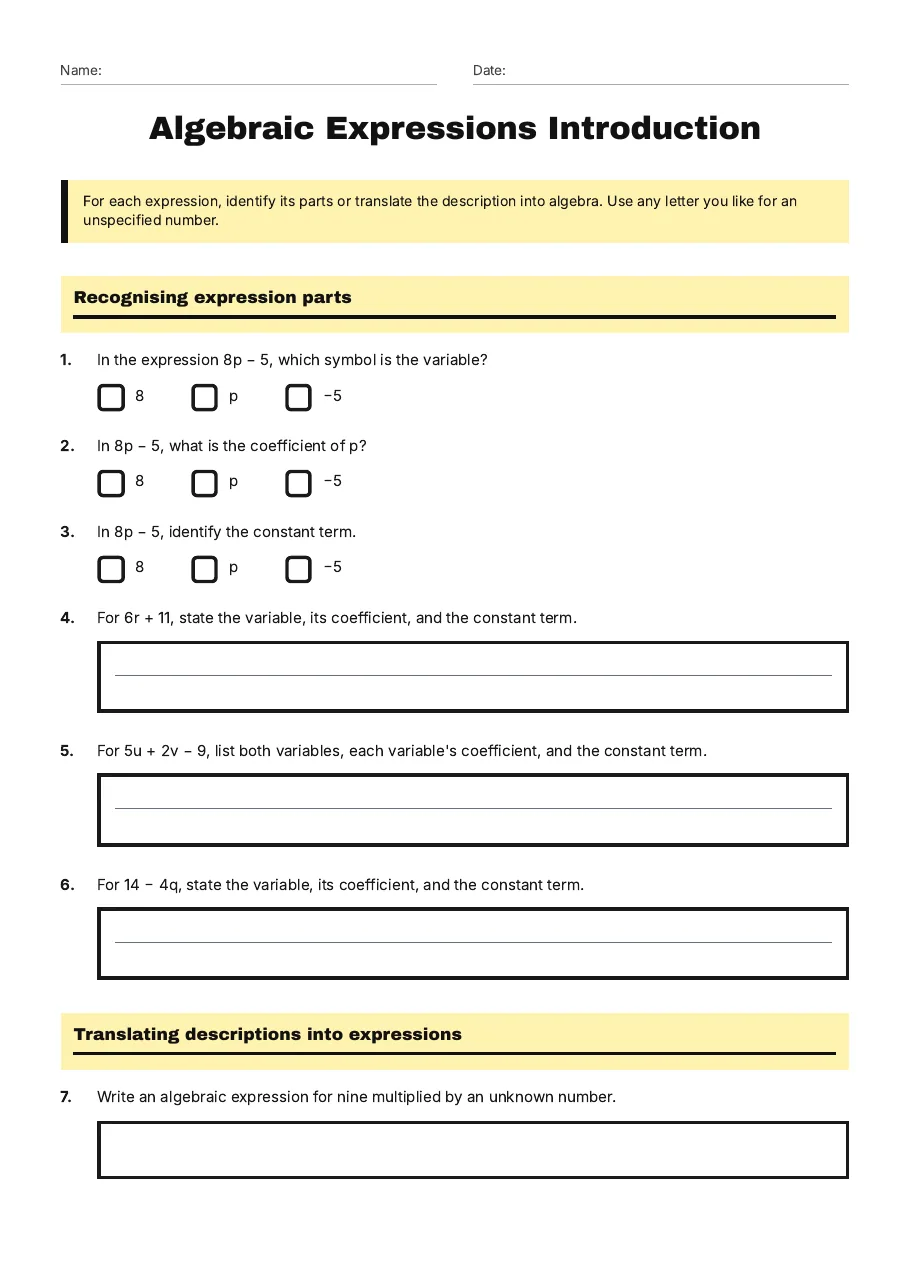 Algebraic Expressions Introduction, page 1 of 4: Recognising expression parts, Translating descriptions into expressions