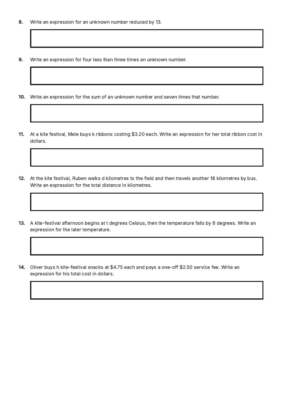 Algebraic Expressions Introduction, page 2 of 4: 8. Write an expression for an unknown number reduced by 13.
