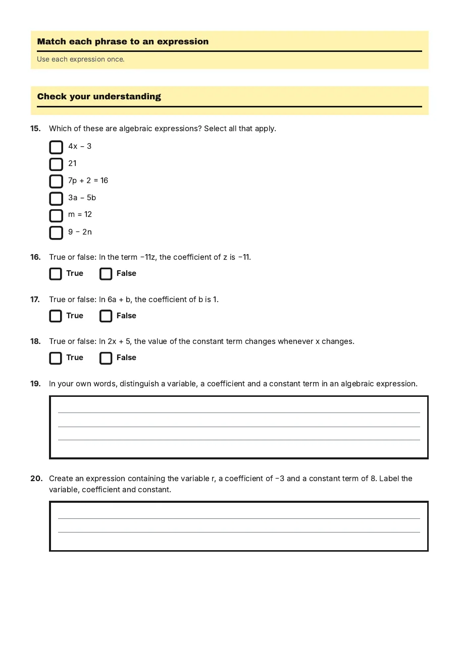 Algebraic Expressions Introduction, page 3 of 4: Match each phrase to an expression, Check your understanding