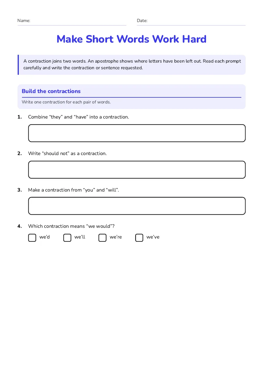 Make Short Words Work Hard, page 1 of 3: Build the contractions