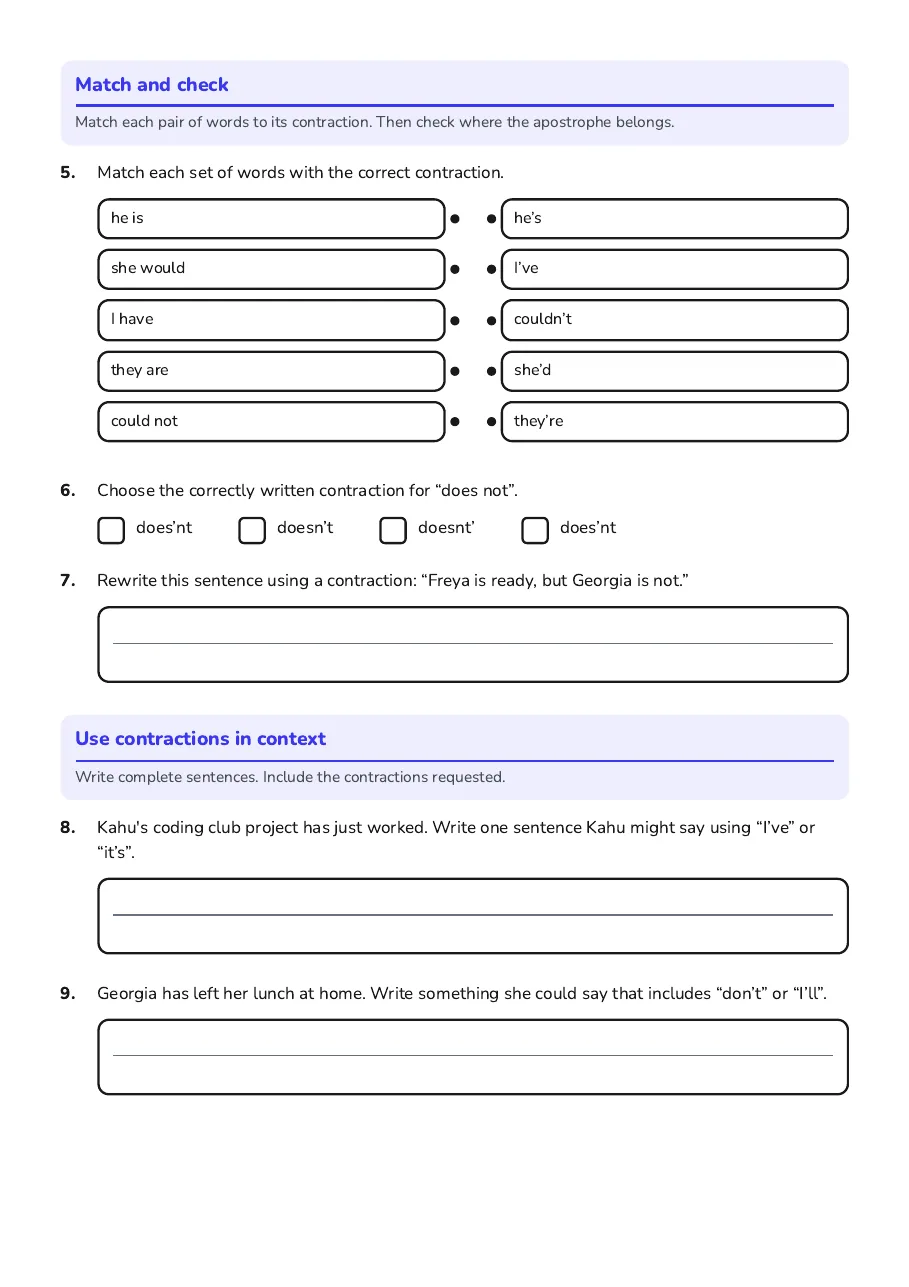 Make Short Words Work Hard, page 2 of 3: Match and check, Use contractions in context