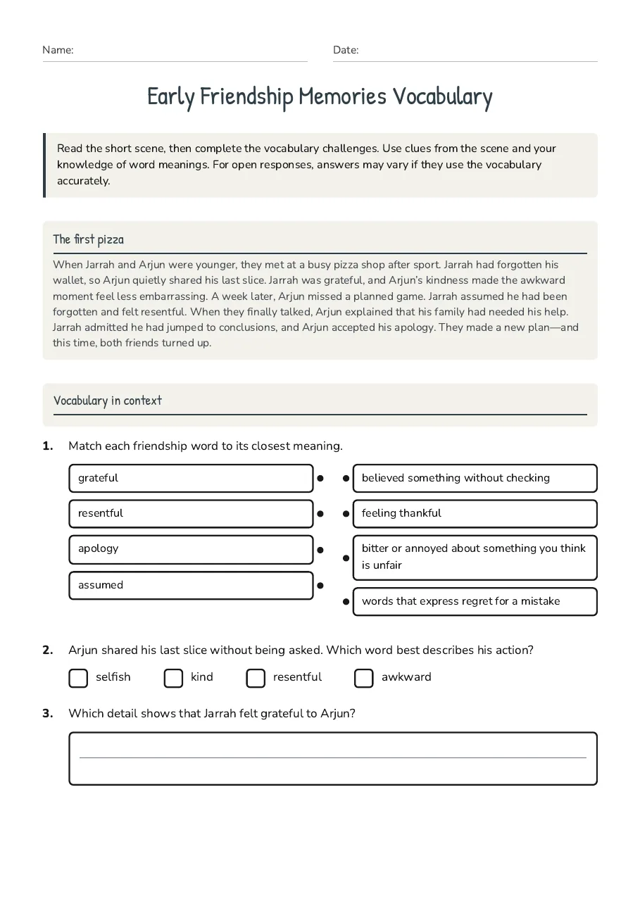 Early Friendship Memories Vocabulary, page 1 of 2: The first pizza, Vocabulary in context