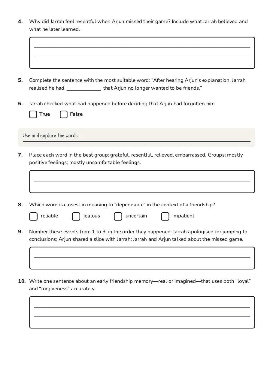 Early Friendship Memories Vocabulary, page 2 of 2: Use and explore the words
