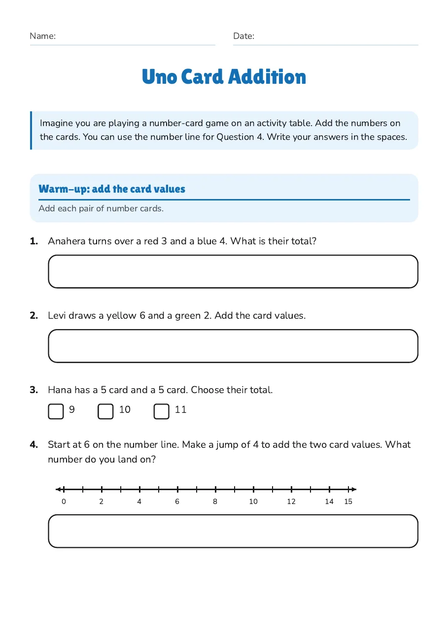 Uno Card Addition, page 1 of 3: Warm-up: add the card values