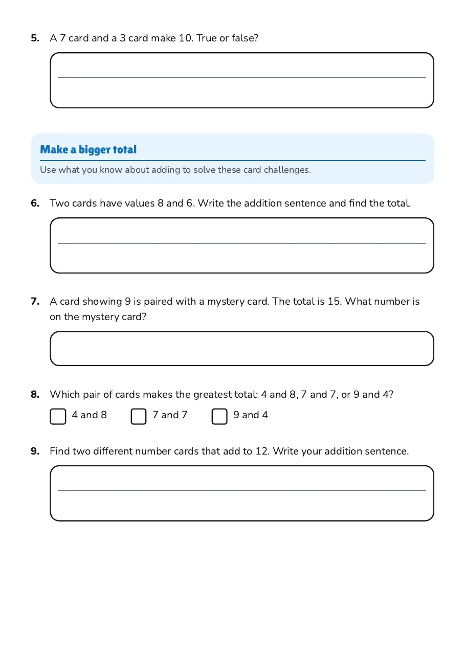 Uno Card Addition, page 2 of 3: Make a bigger total