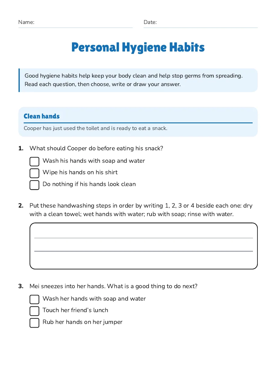 Personal Hygiene Habits, page 1 of 3: Clean hands