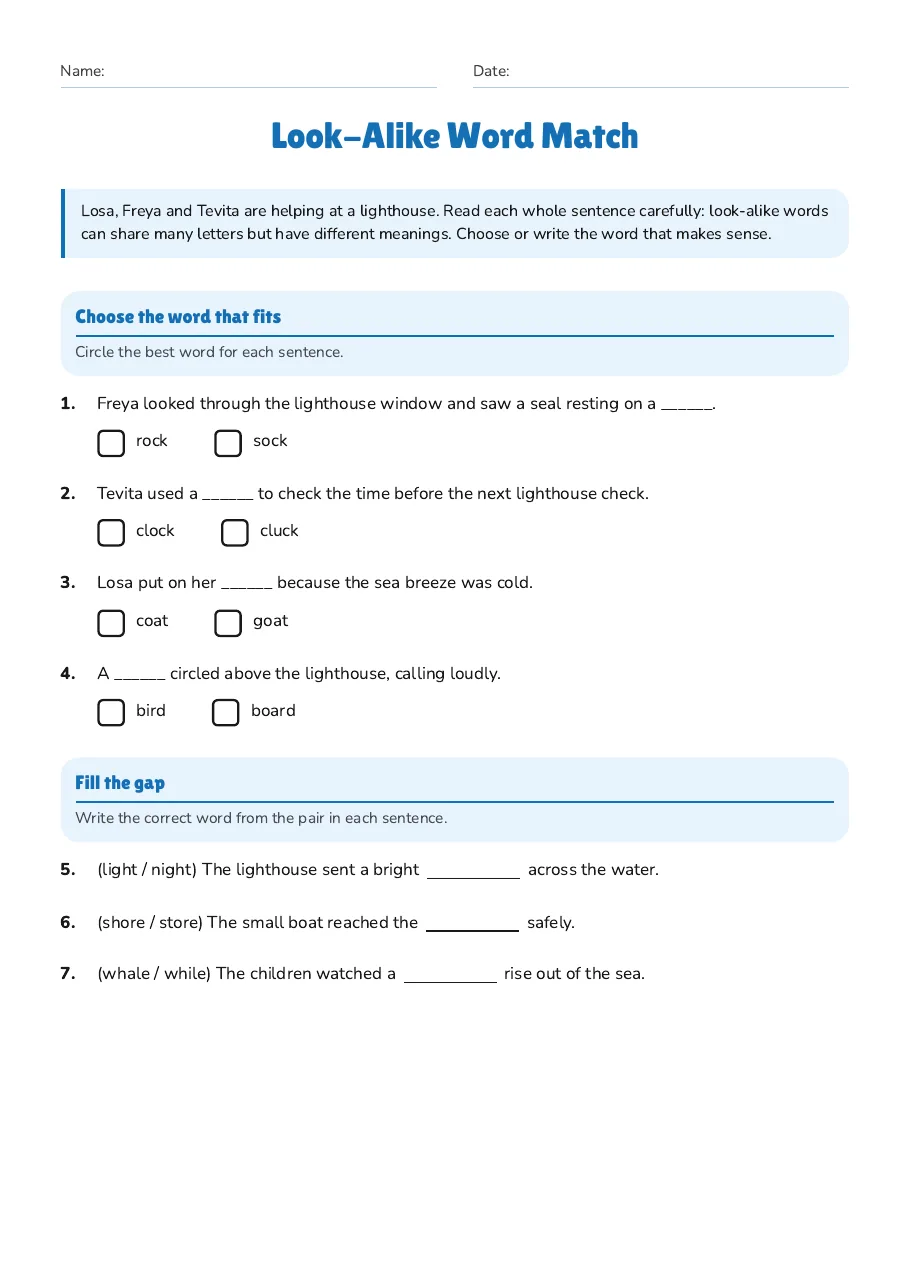 Look-Alike Word Match, page 1 of 2: Choose the word that fits, Fill the gap