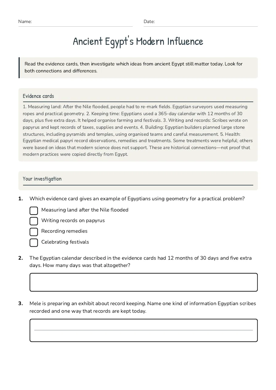 Ancient Egypt's Modern Influence, page 1 of 2: Evidence cards, Your investigation